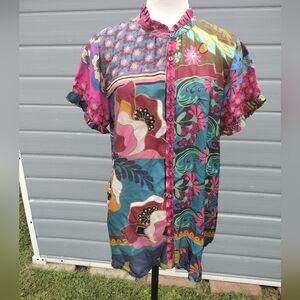 Johnny Was Multicolor Patchwork Floral Short-Sleeve Tunic